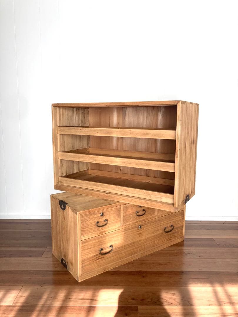 【メンテ済】アンティークの二段収納棚　上下分割可　総桐　食器棚　剥離無塗装