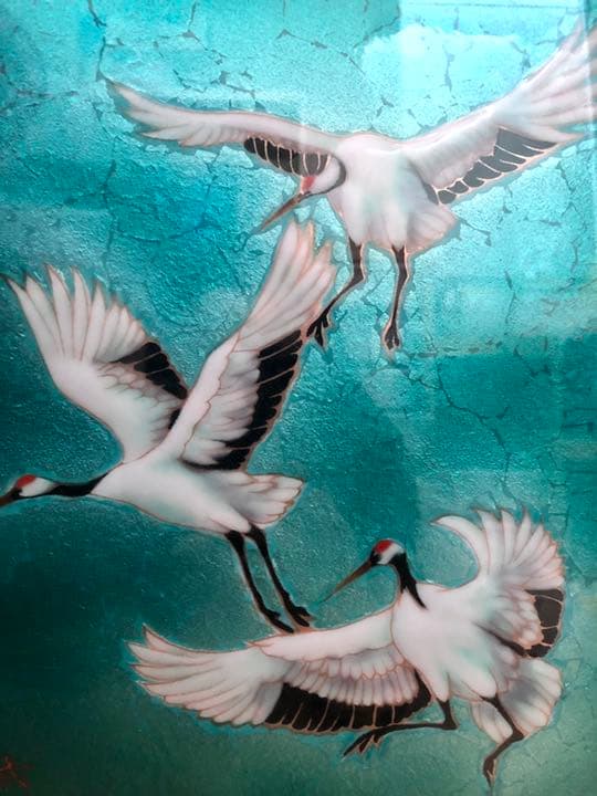 吉田武　七宝焼　額縁　鶴　飛翔 舞鶴　七宝画