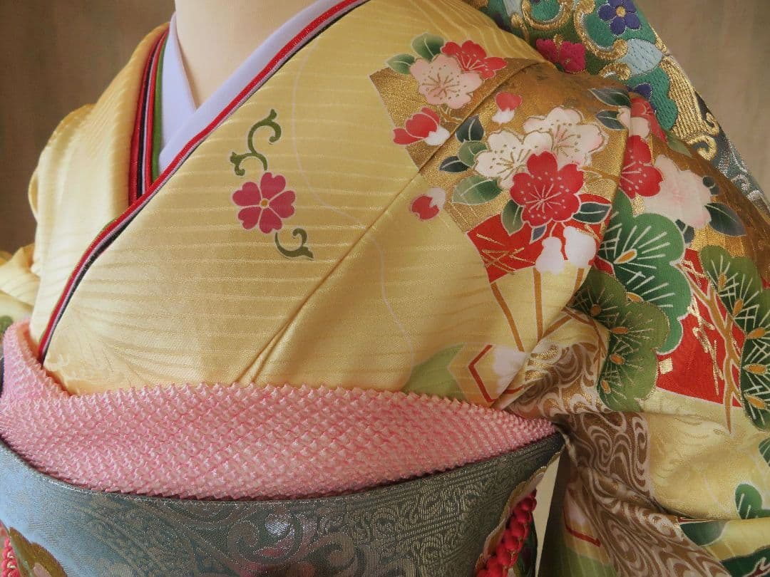 5200 振袖フルセット　正絹黄イエロー　成人式結婚式卒業式 古典御所車