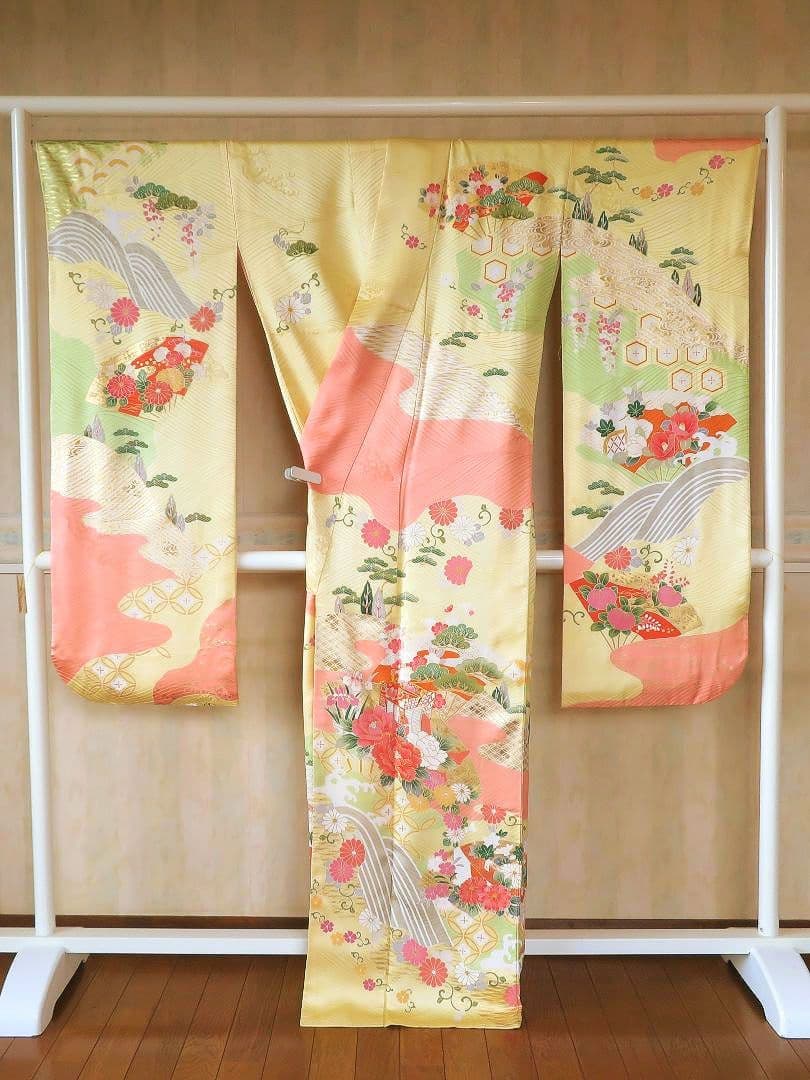 5200 振袖フルセット　正絹黄イエロー　成人式結婚式卒業式 古典御所車