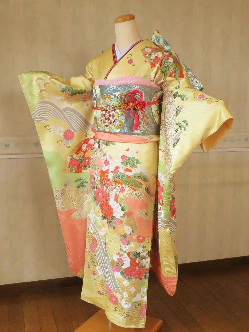5200 振袖フルセット　正絹黄イエロー　成人式結婚式卒業式 古典御所車