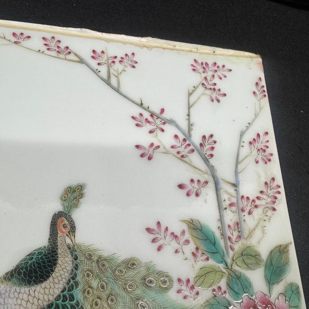 中国美術　民国時代　陶板　クジャク孔雀図 細工　古玩　縁起 骨董品