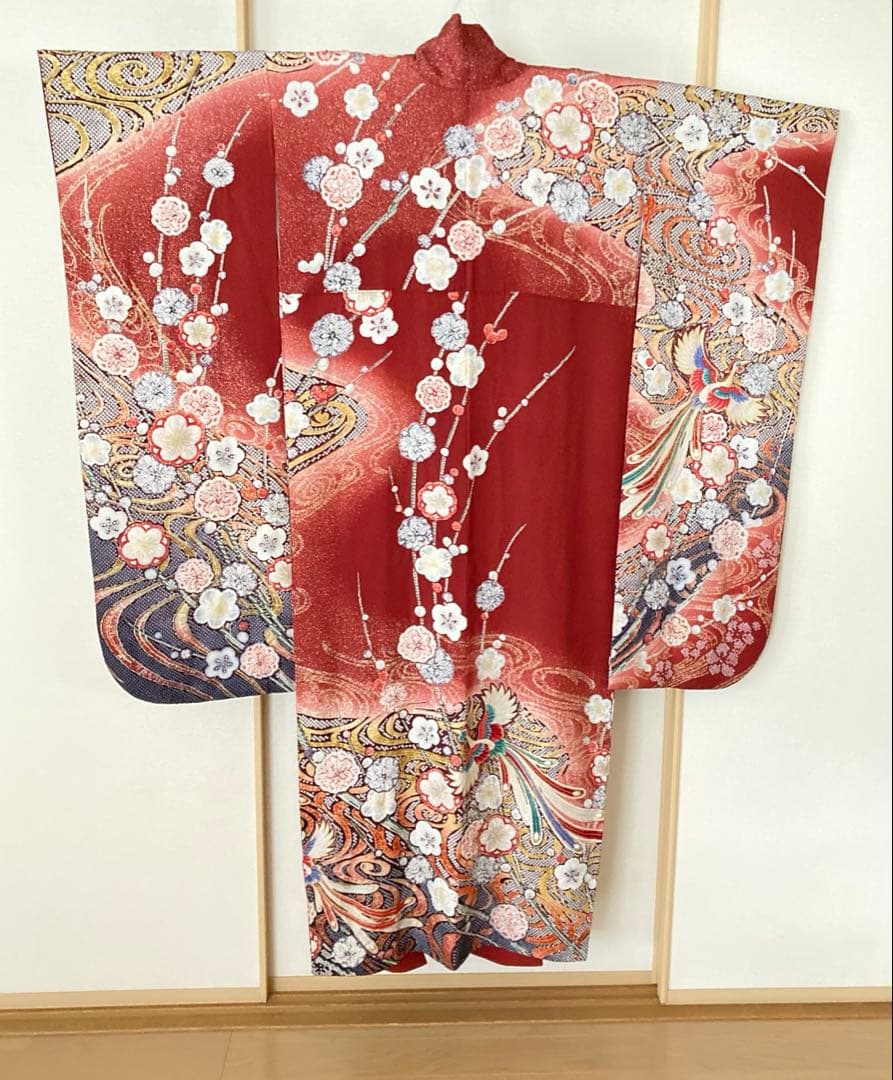 m*9様 美しい　振袖　着物　赤　鳳凰　絞り　15枚目の帯、緑帯締め帯揚げ、襟、