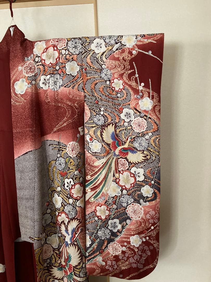 m*9様 美しい　振袖　着物　赤　鳳凰　絞り　15枚目の帯、緑帯締め帯揚げ、襟、