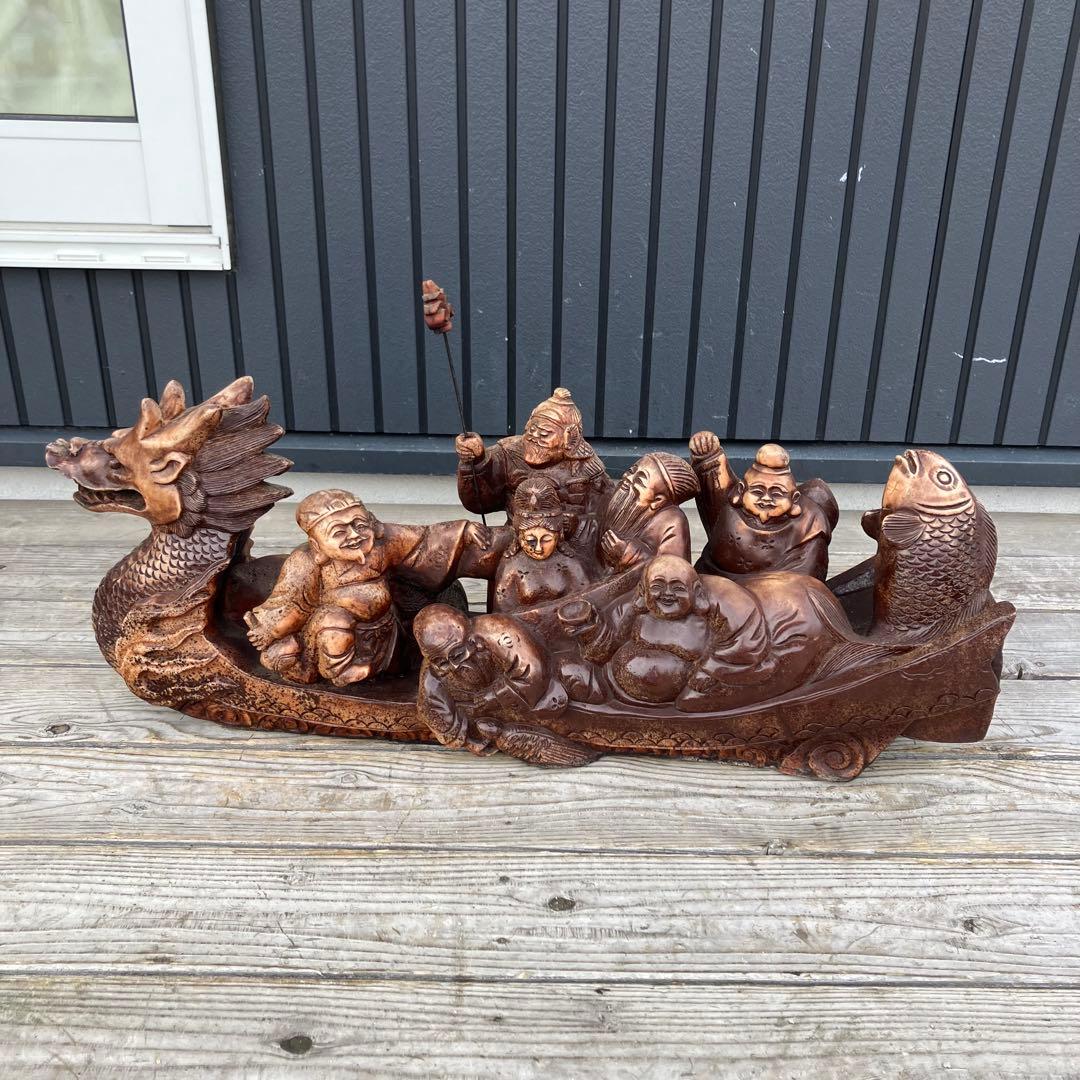 昭和レトロ 精密彫刻 大型 七福神 龍の船 宝船 縁起物 開運 置物 オブジェ