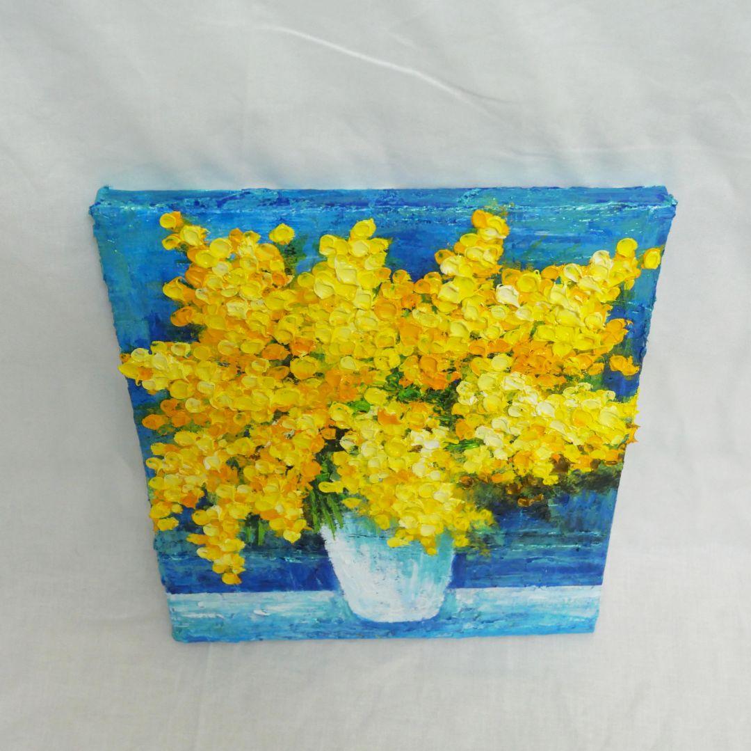 油絵 油彩 油彩画 絵 絵画 【青い背景のミモザ】