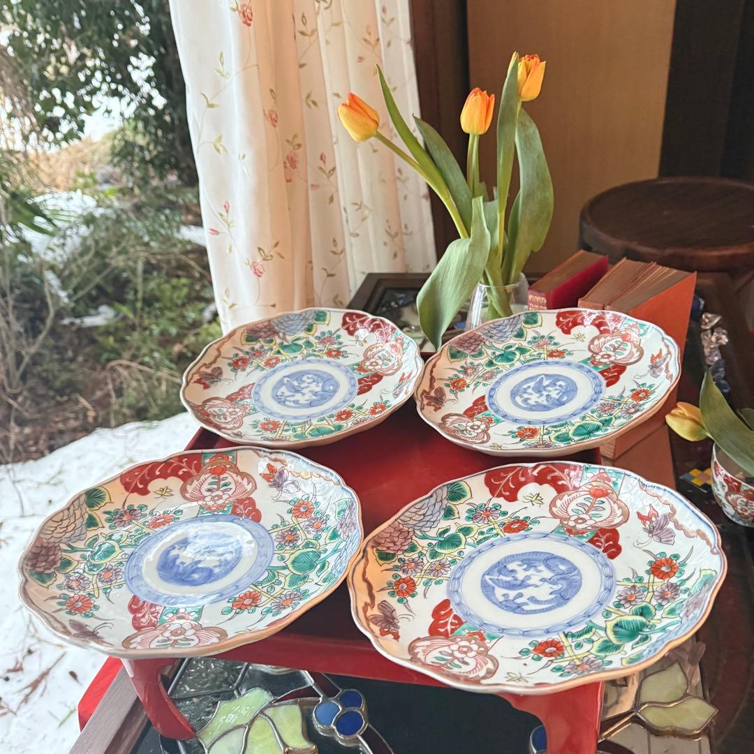 大雪特別価格‼️伊万里上手錦手Dragon❌あじさい　桐に蝶　蜂と菊　7寸皿2客