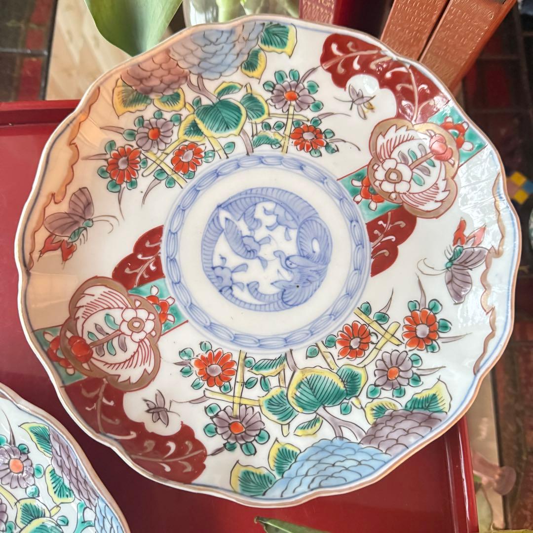 大雪特別価格‼️伊万里上手錦手Dragon❌あじさい　桐に蝶　蜂と菊　7寸皿2客