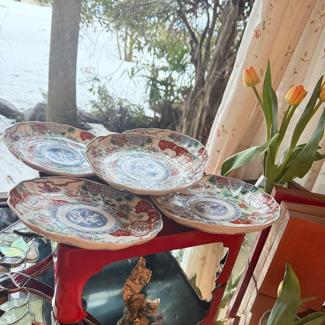 大雪特別価格‼️伊万里上手錦手Dragon❌あじさい　桐に蝶　蜂と菊　7寸皿2客