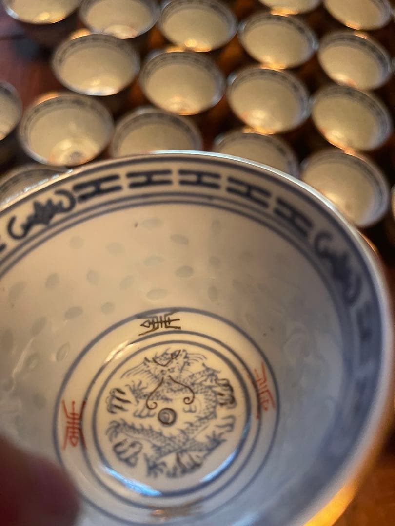 中国美術景徳鎮染付金彩　湯呑み　蛍焼　細密細工　古美術品　44客セット