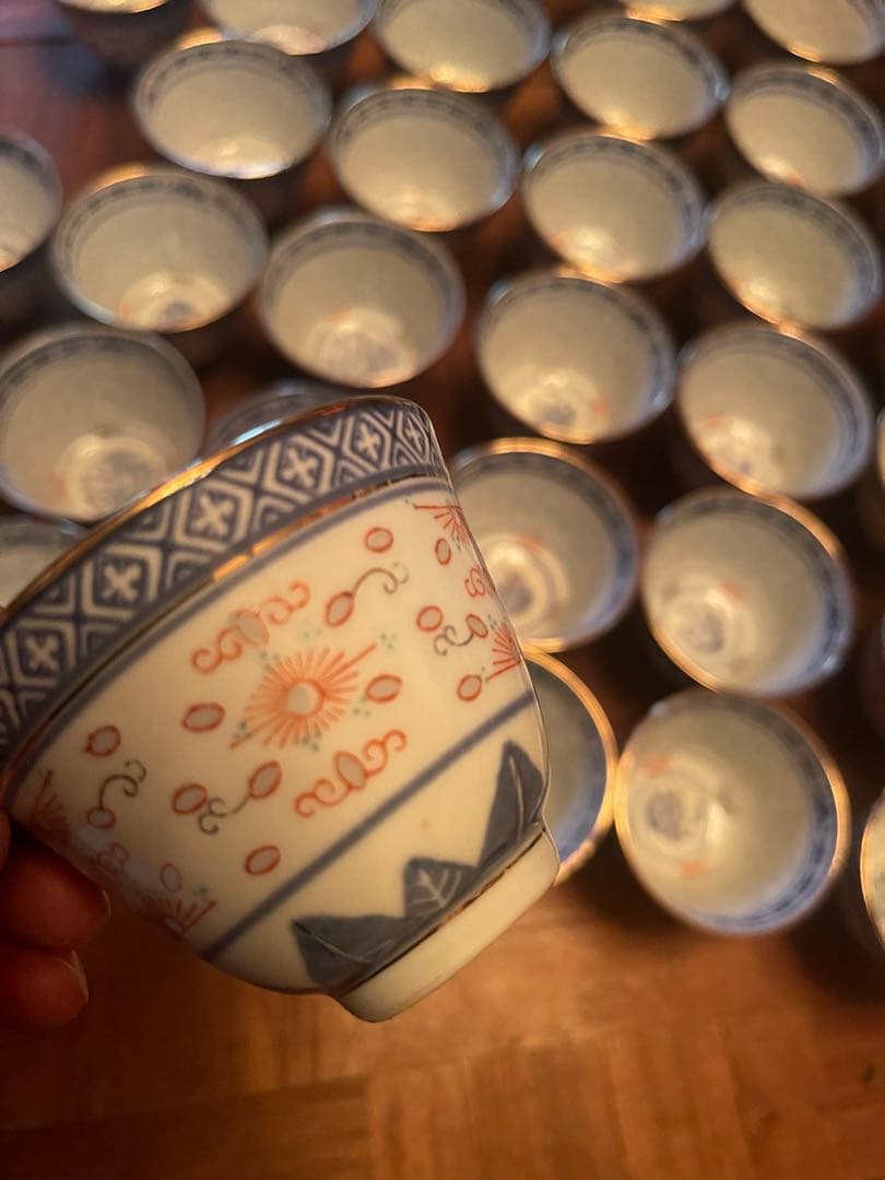 中国美術景徳鎮染付金彩　湯呑み　蛍焼　細密細工　古美術品　44客セット