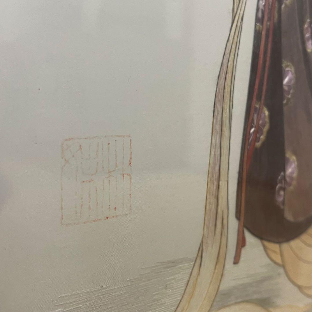 中国 手刺繍 仕女図 回転式 両面屏風 木製枠 ガラス入 大型 高級中国工芸品