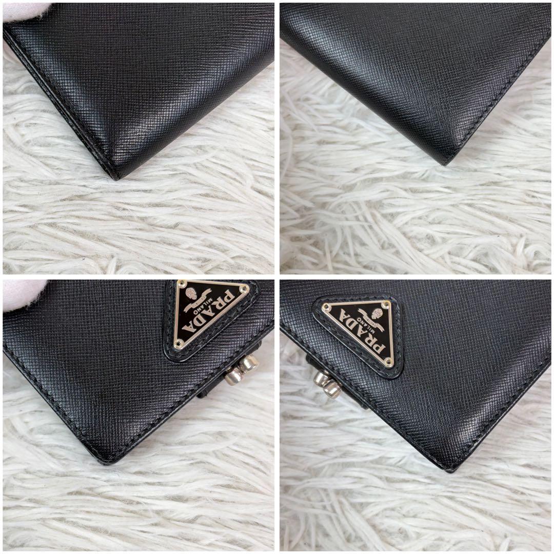 【極美品/希少 がま口】PRADA プラダ サフィアーノ 折り財布 三角ロゴ 黒