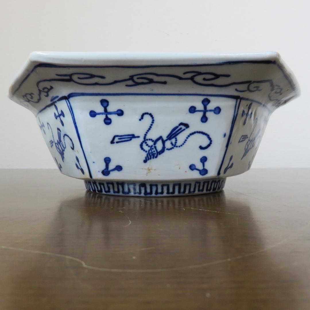 角鉢 丼 染付 古伊万里 蛇の目 帆掛け船 扇窓 印判