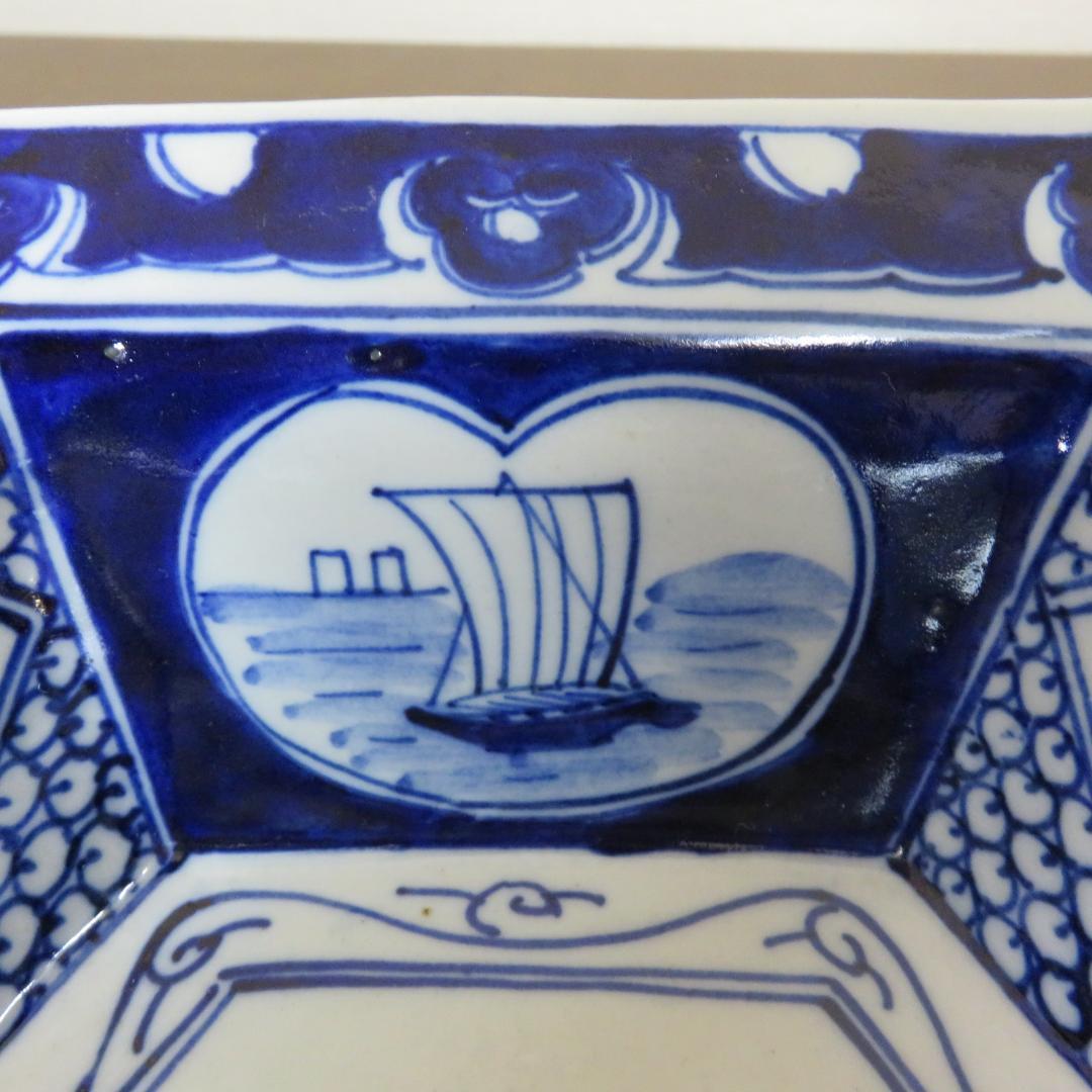 角鉢 丼 染付 古伊万里 蛇の目 帆掛け船 扇窓 印判