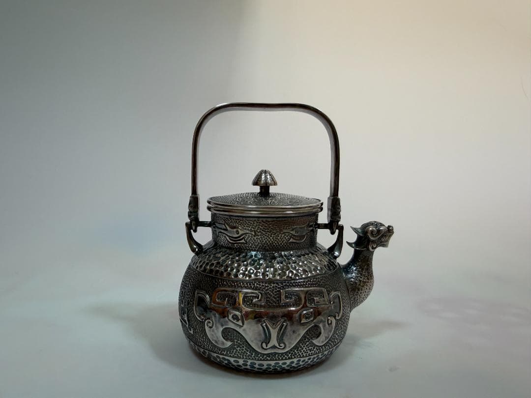 純銀製 饕餮文 獣口 湯沸 銀瓶 煎茶道具