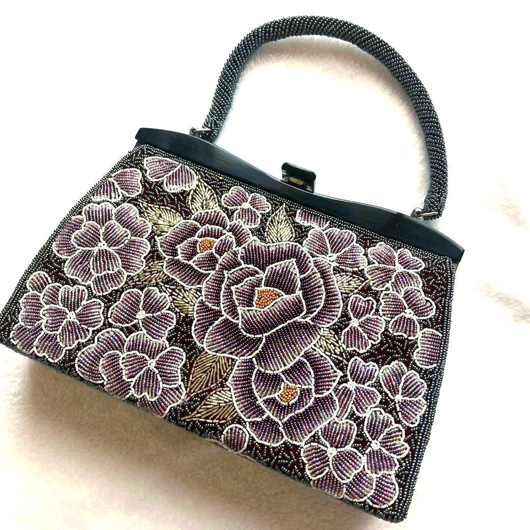 着物　ビーズバッグ　紫・花柄・椿カメリア・お稽古、観劇