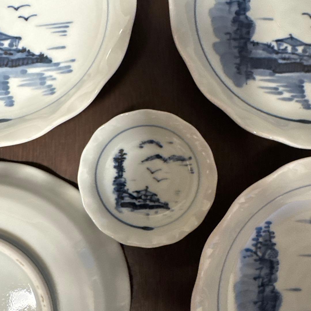 橘吉　青い風景画の陶器皿5個　セット　箱付き