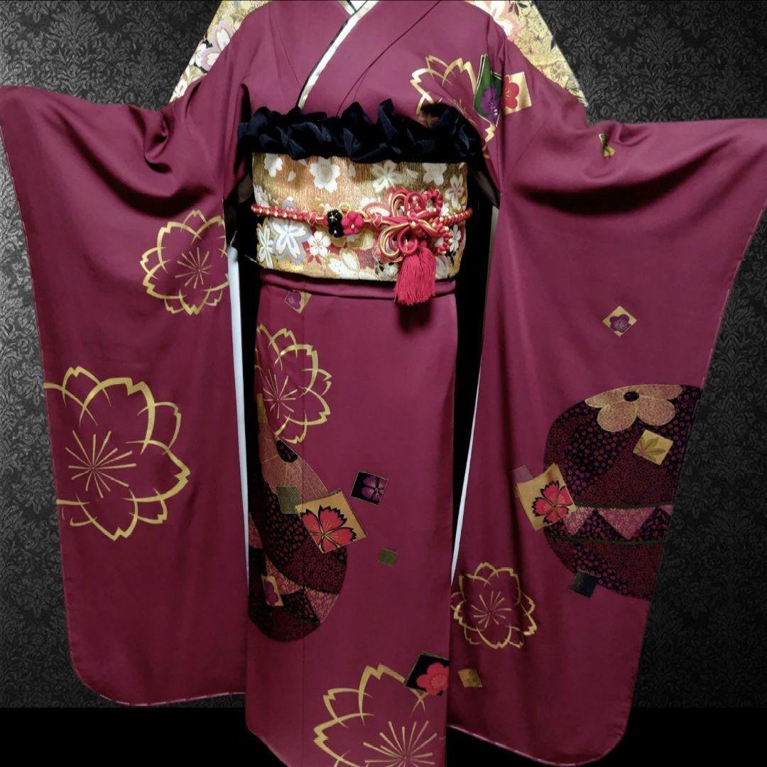 新品未使用！振袖フルセット(7点)・成人式・古典柄・金彩加工・色紙花鞠文・正絹