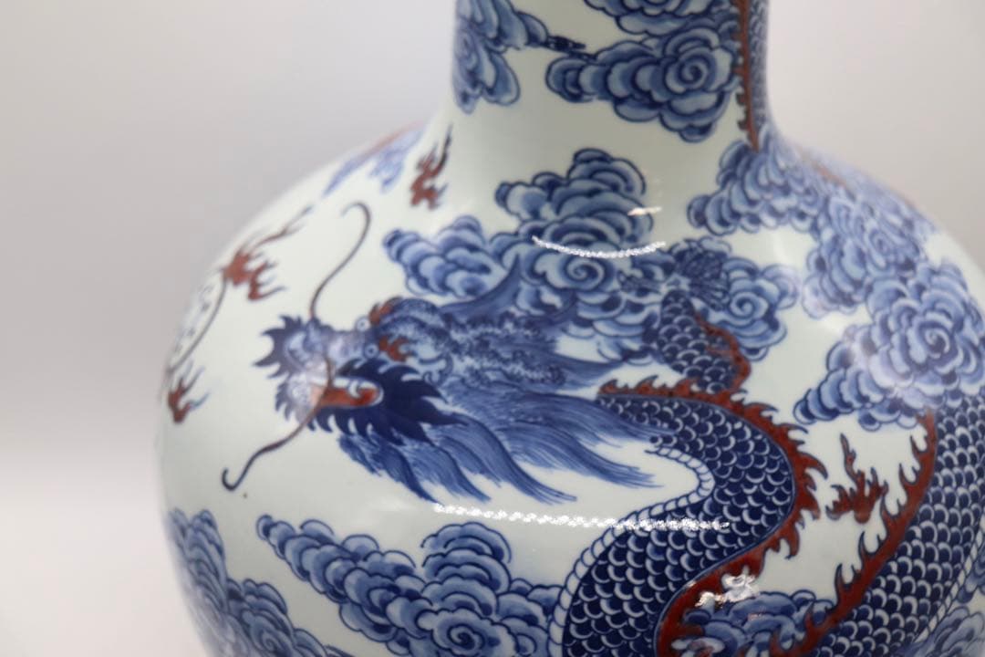 中国　青華釉裏紅　龍紋大瓶　大清康熙年製銘　高さ48cm 送料込み260124