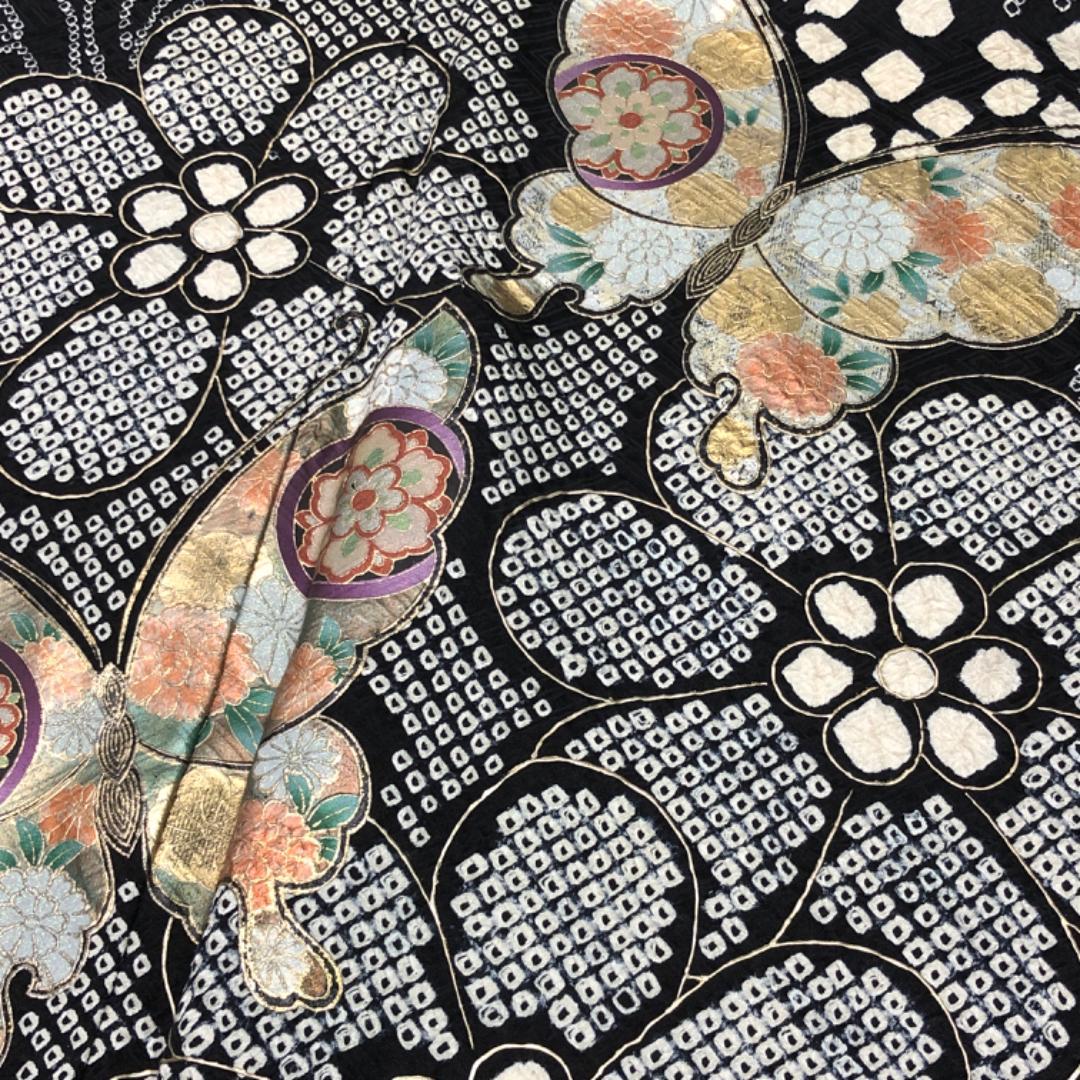 ☆ 振袖 総絞り 波模様に蝶々 花模様 菊 黒色 トールサイズ K-5454