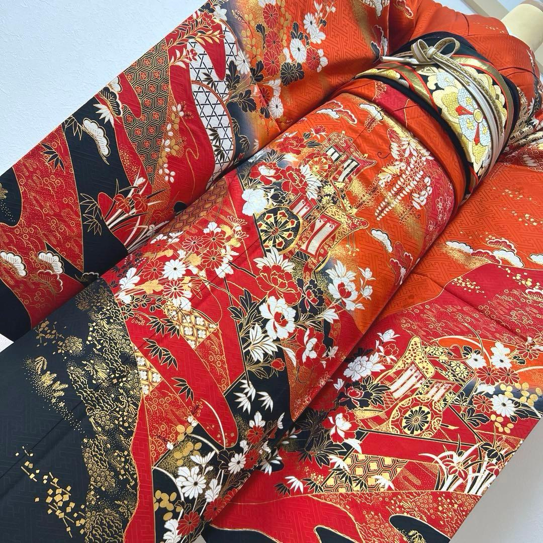 353 振袖フルセット 正絹 レッド 朱赤 赤 黒 金彩 駒刺繍 暈し染め 古典