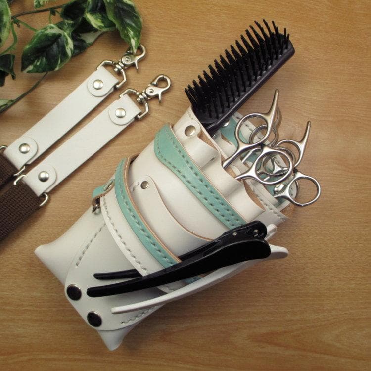 ホワイト＆空色　６丁差し　本革シザーケース　SCA-61/CWA