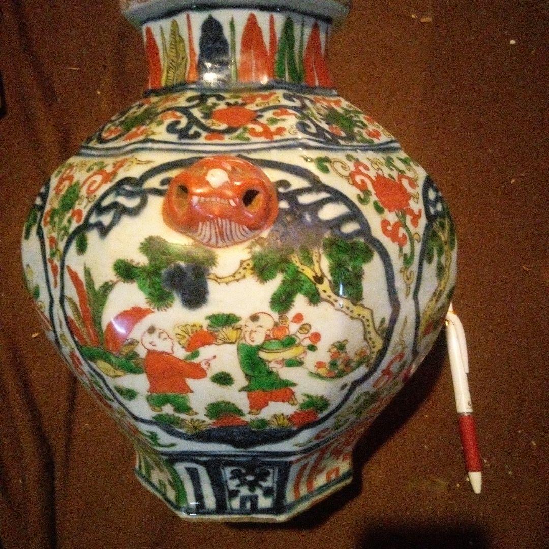 中国陶磁器　明万歴赤絵　唐子壺