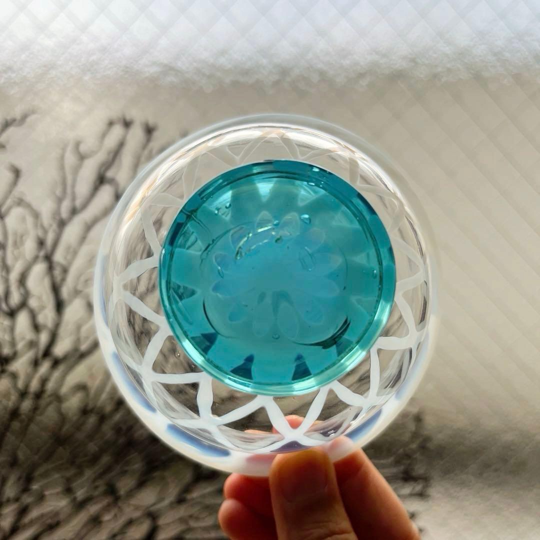 骨董　時代ガラス　超希少　白網目紋　水色台座　反り口　氷コップ　ウランガラス