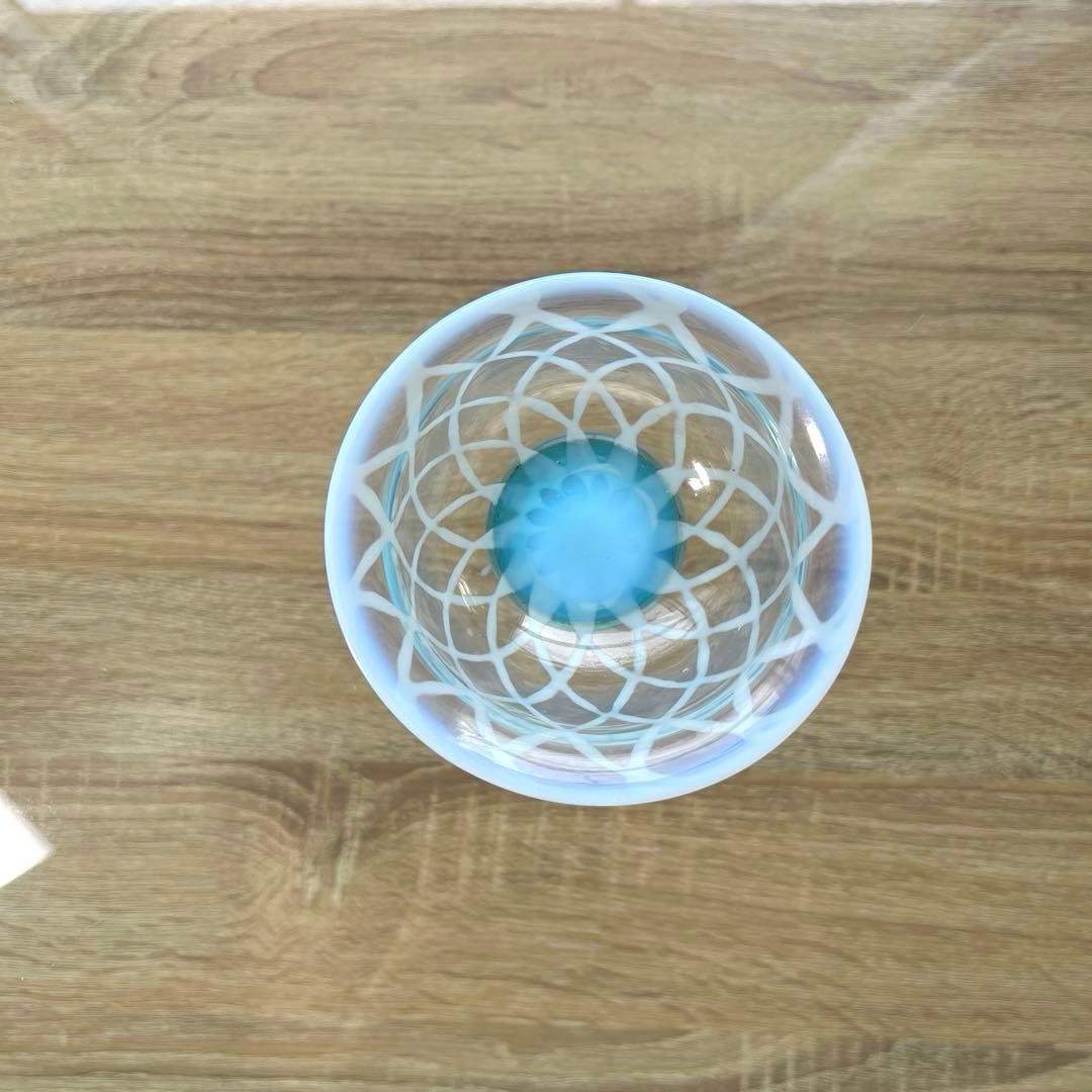 骨董　時代ガラス　超希少　白網目紋　水色台座　反り口　氷コップ　ウランガラス