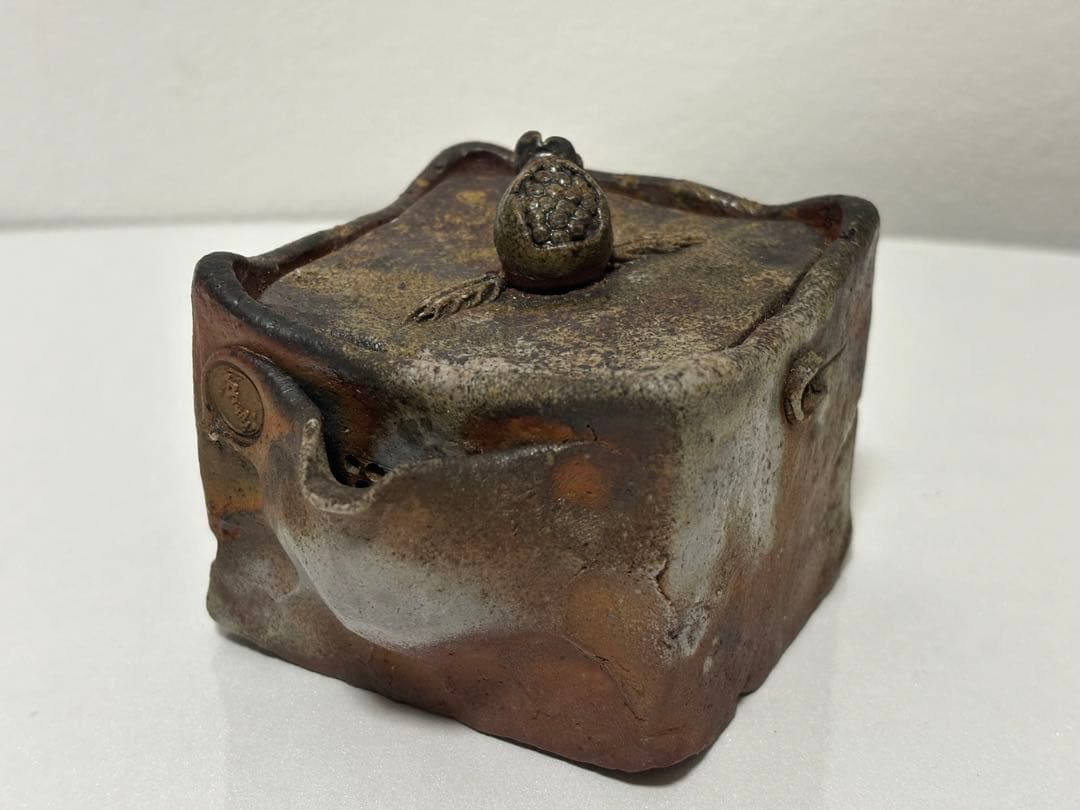 ⑭備前焼 宝瓶 登り窯 柘榴 ザクロ 4角 手びねり 急須