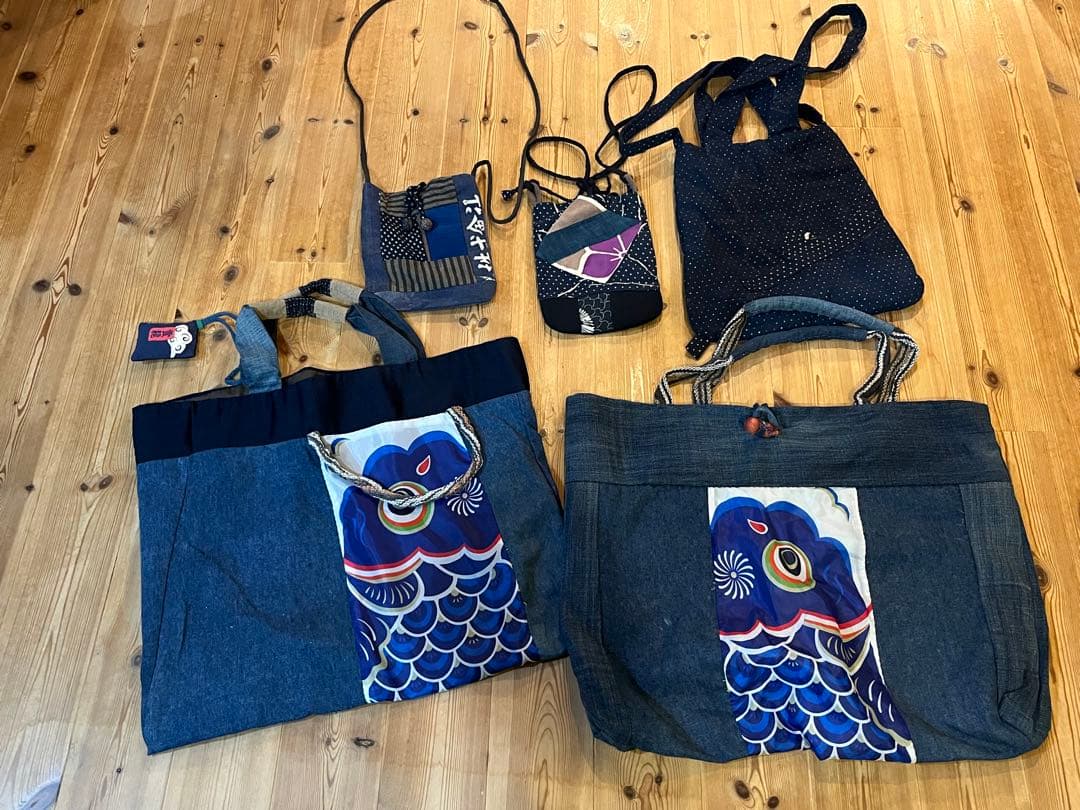 藍染　デニム古布リメイク　ハンドメイド刺し子　トートバッグ　ポーチまとめ売り5個
