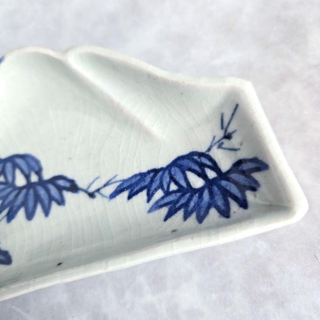 古伊万里　染付　富士山　変形小皿　型紙摺　江戸時代　笹　竹　骨董　アンティーク