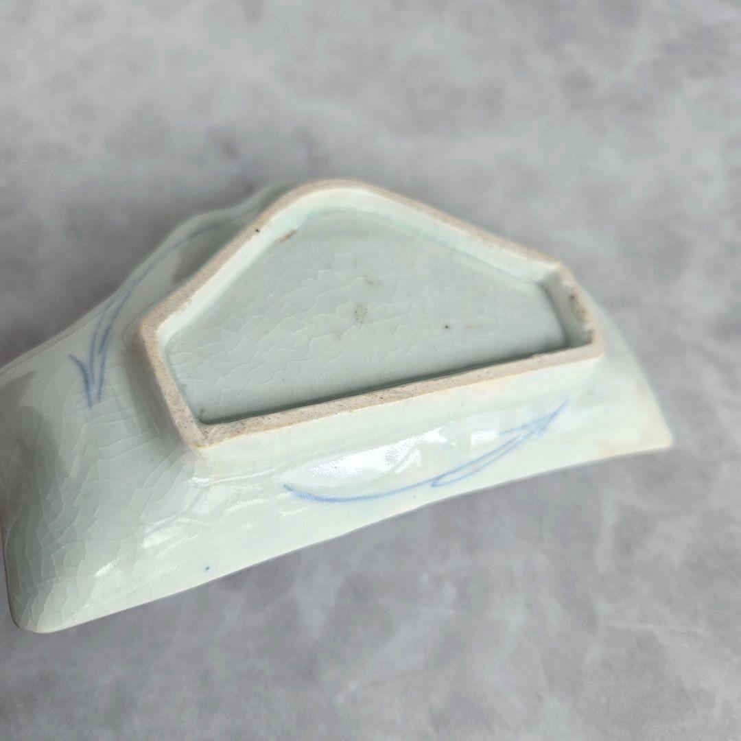 古伊万里　染付　富士山　変形小皿　型紙摺　江戸時代　笹　竹　骨董　アンティーク