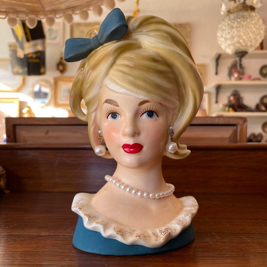 希少品Big！50's〜西洋女性の陶器花瓶アメリカアンティーク ヴィンテージ雑貨