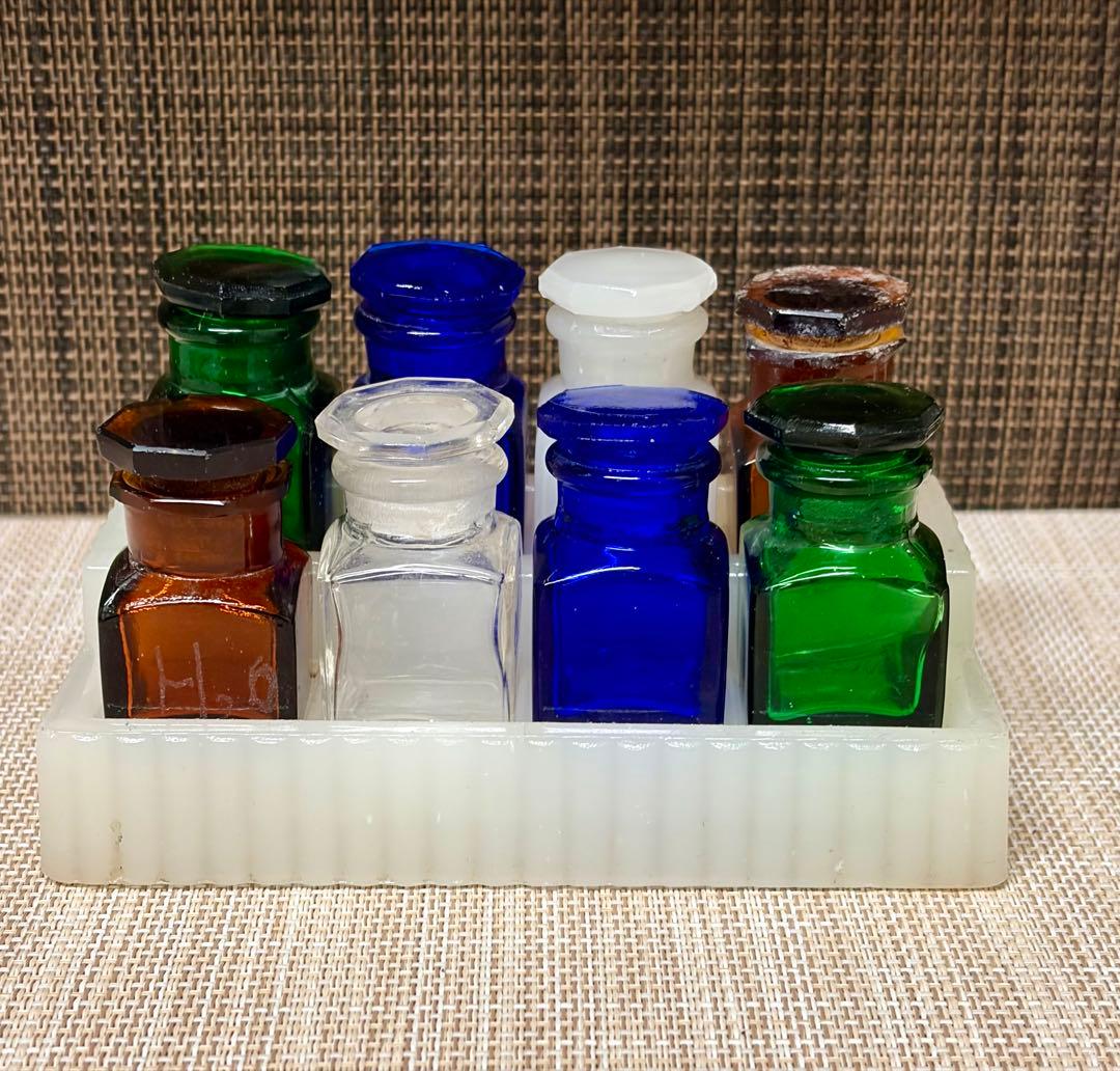 戦前 歯医者 薬瓶 ミルクガラス 薬瓶台 セット