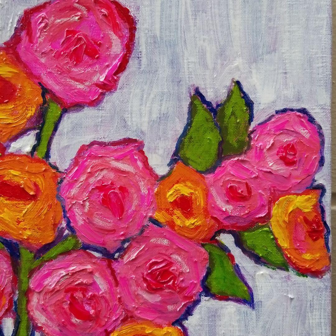 油絵　よっこ確認　ピンクとオレンジ色の花を差した花瓶