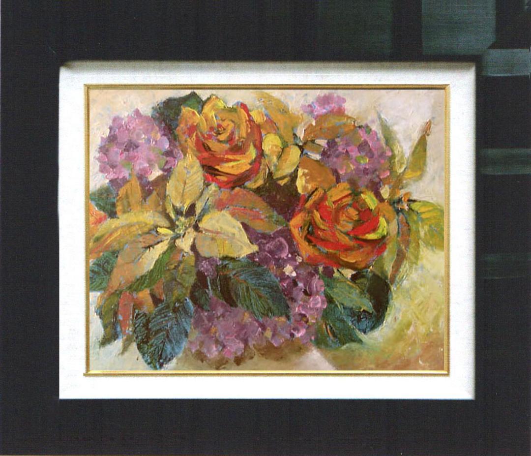 油絵 菅家令子 絵 絵画インテリア額付(青緑＋金色の枠) uF6-110202花