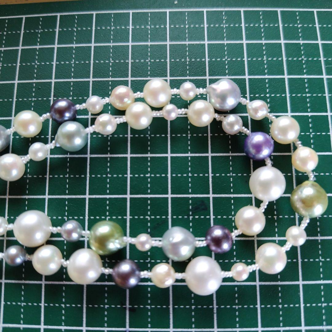 アコヤ真珠マルチカラー、マルチサイズ、あこや砂芥子パールのロングネックレス
