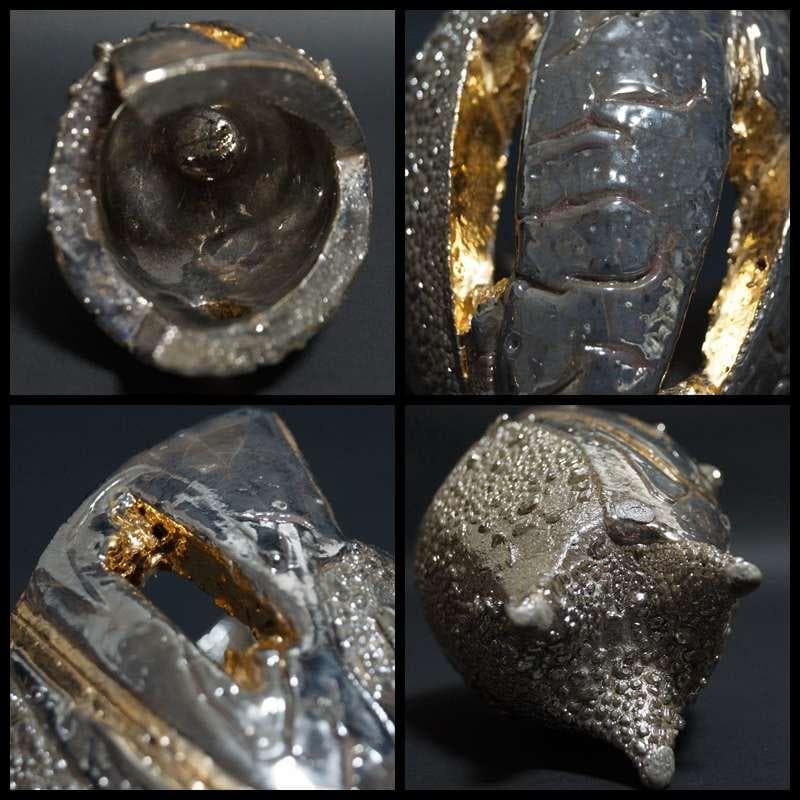 現代陶芸家 市川透造 造形香炉 金プラチナ使用 共箱 共布備前 (師/隠崎隆一)