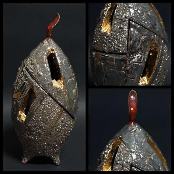 現代陶芸家 市川透造 造形香炉 金プラチナ使用 共箱 共布備前 (師/隠崎隆一)