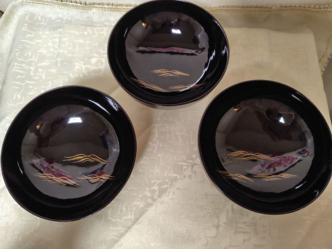 輪島塗　お椀　蒔絵富士山金波模様　吸物椀　三客　木製　当時物　時代物