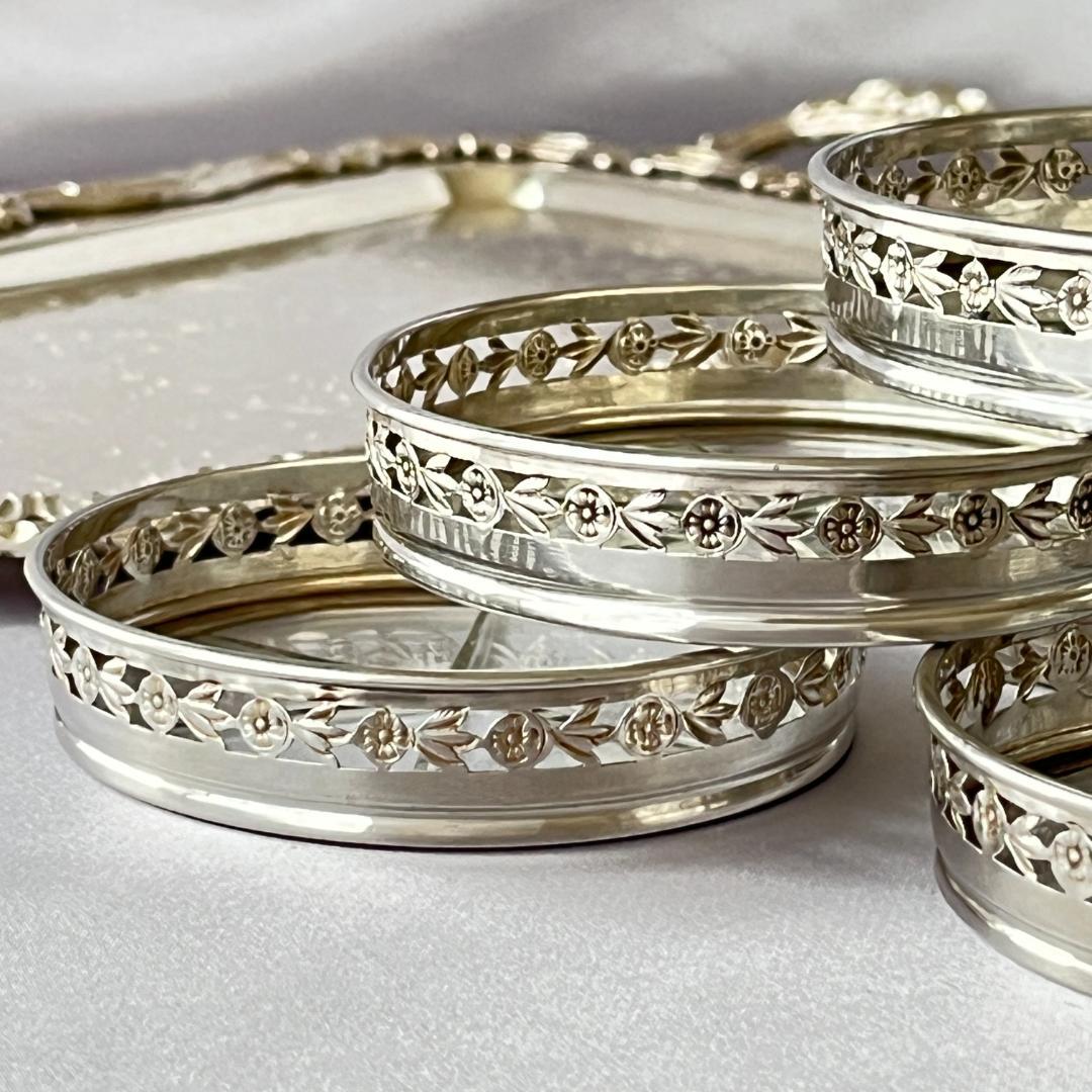 【BIRKS】 【純銀/ガラス】フローラルのコースター 8枚 スターリング