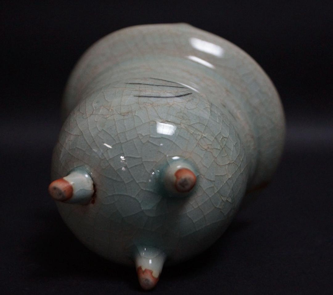 茶道具 李朝 高麗青磁象嵌『雲鶴文』広口香炉 三足 金継ぎ 書道具★