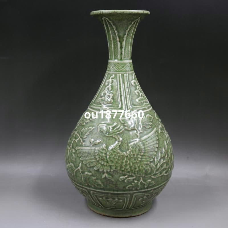 青磁浮彫り鳳紋玉壺春瓶 景徳鎮 陶磁器 装飾品 現代工芸品 美術品 置物
