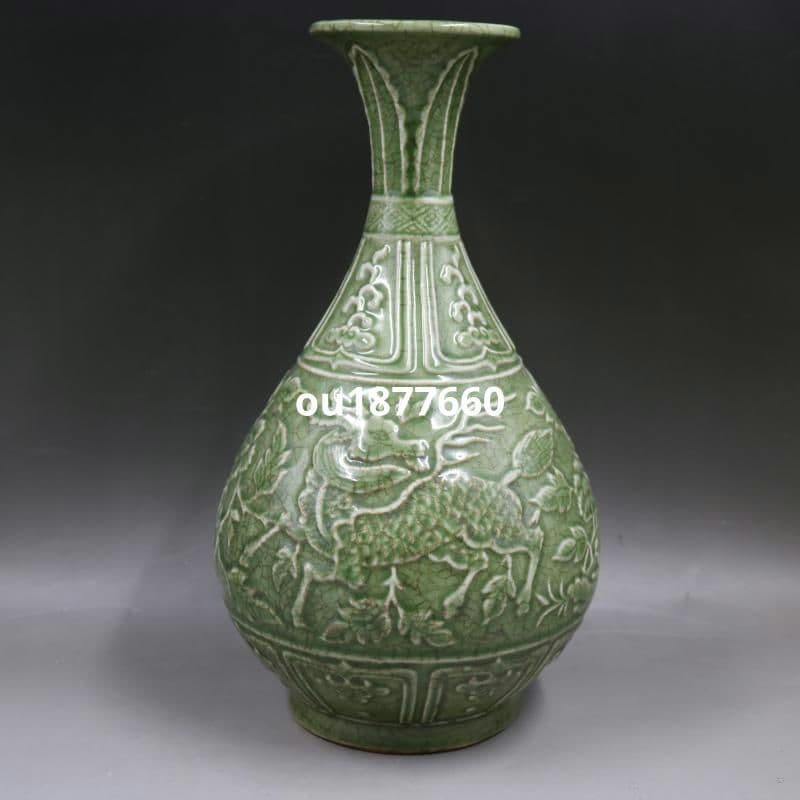 青磁浮彫り鳳紋玉壺春瓶 景徳鎮 陶磁器 装飾品 現代工芸品 美術品 置物