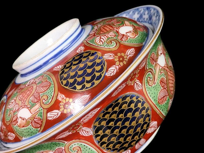 大聖寺伊万里　金襴手　丸紋　鳥に柘榴の図　蓋付鉢　B291AS-CPk