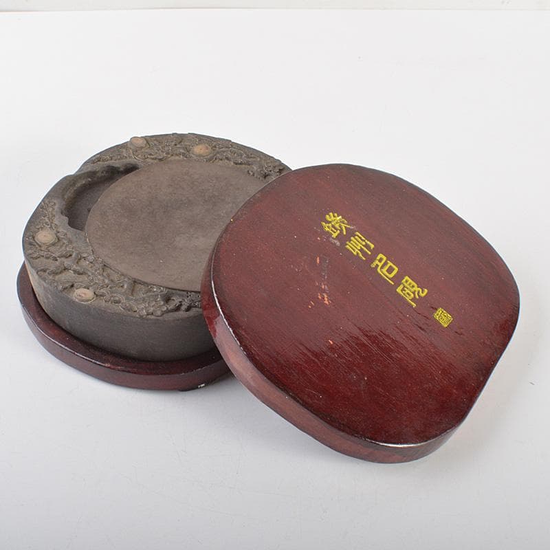 中国　書道具　梅花文　端渓硯　唐木蓋　V　6619