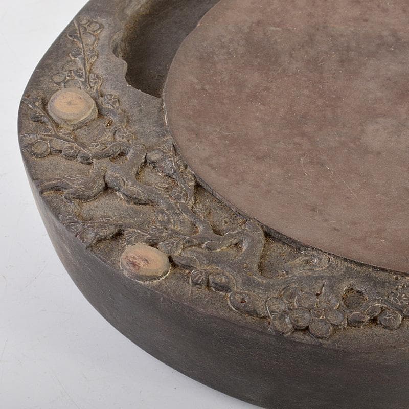 中国　書道具　梅花文　端渓硯　唐木蓋　V　6619