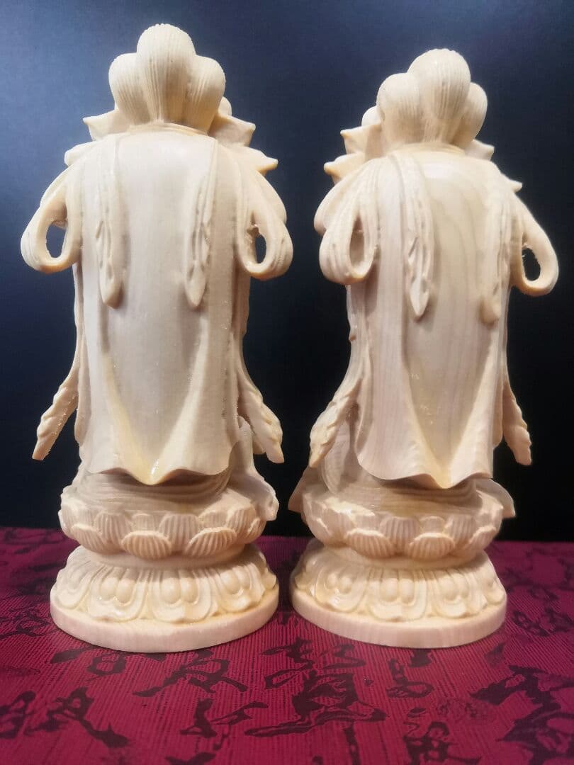 【修縁堂】彫刻仏像 2点セット Q版観音 観音菩薩 観音像 置物 木彫 開運風水